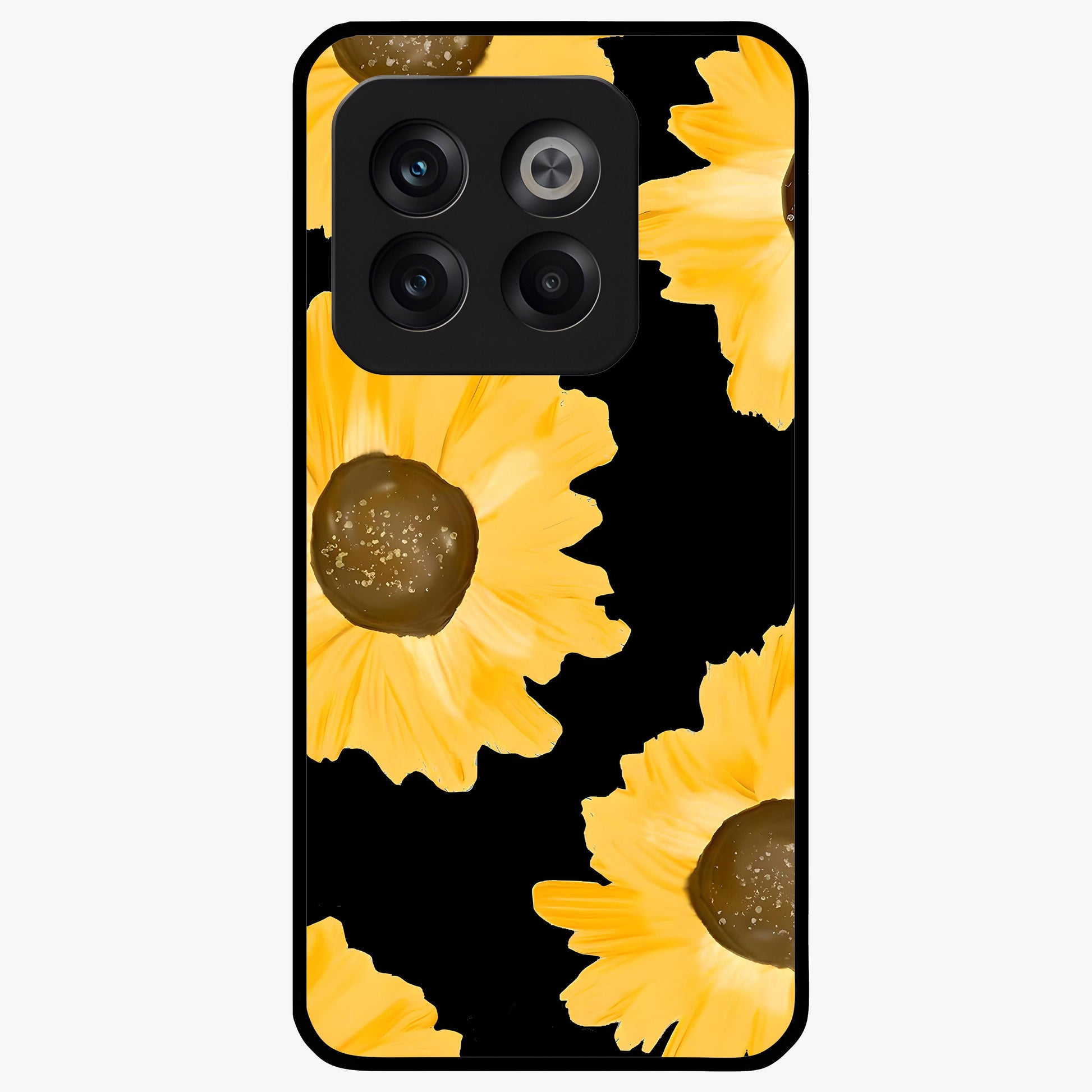 Bold Sunflowers Glow Glass Case for 1+10T vibrant front view featuring radiant sunflower artwork with warm golden tones