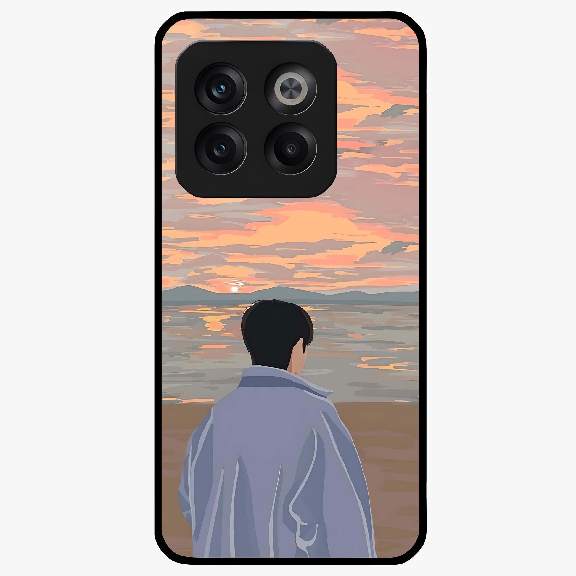 Boy Facing Sunset Beach Glass Case for 1+10T scenic front view featuring silhouette artwork against glowing sunset sky