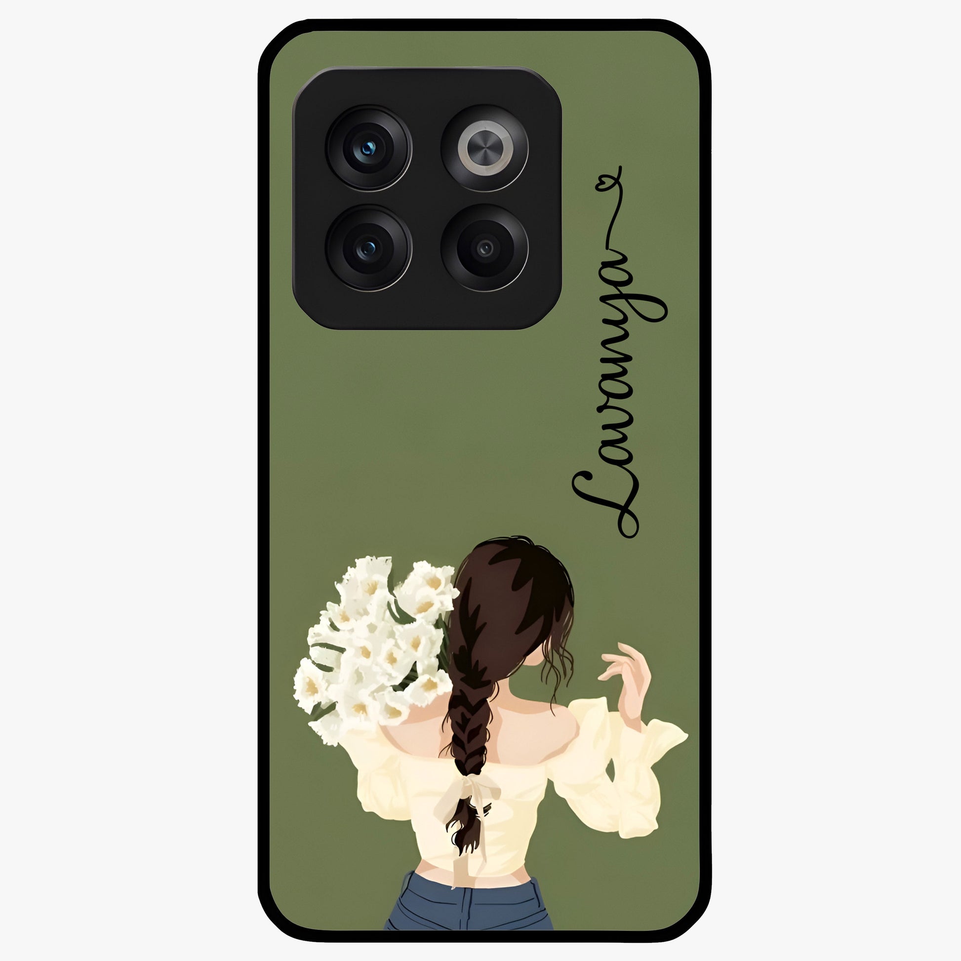Braided Spring Beauty With Custom Name Glass Case for 1+10T elegant front view featuring braided floral artwork with personalized name design