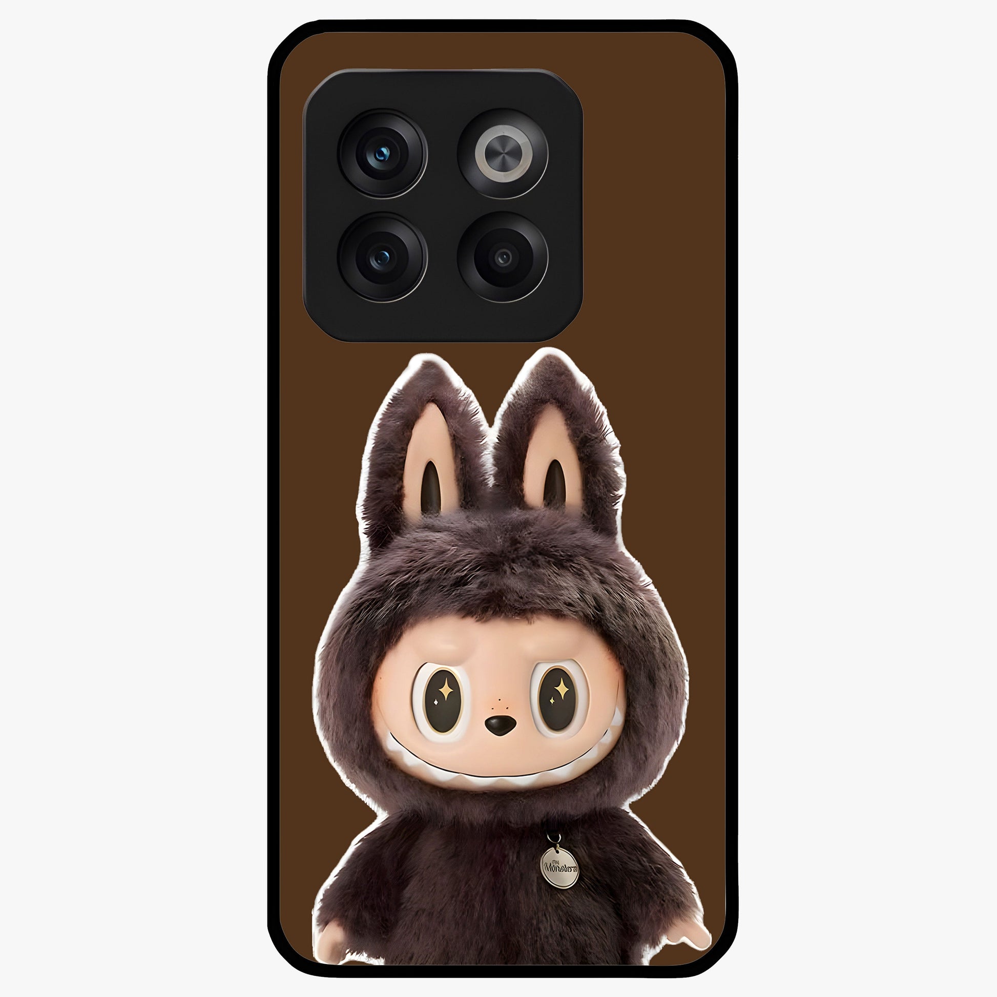 Brown Labubu Design Glass Case for 1+10T cute front view featuring playful Labubu character artwork in warm brown tones