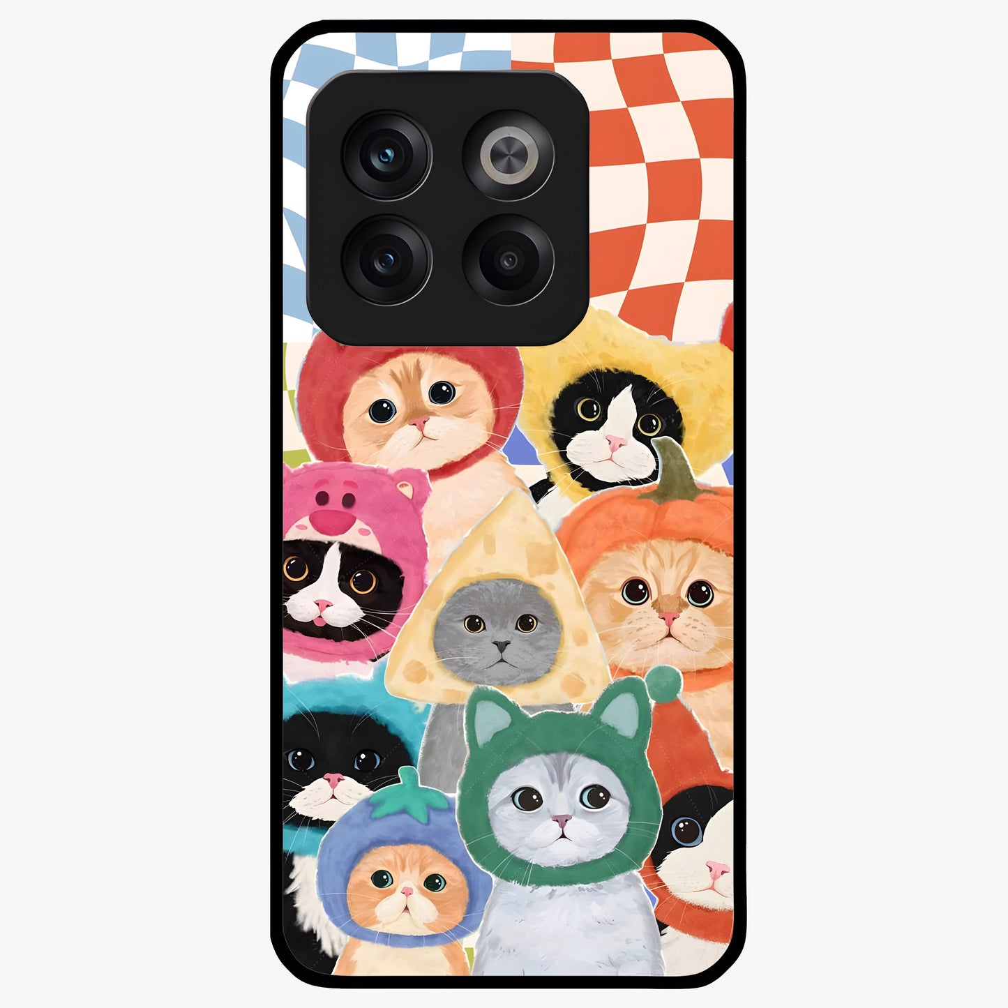 Cats in Fruits Glass Case for 1+10T playful front view featuring cute cat illustrations with vibrant fruit artwork