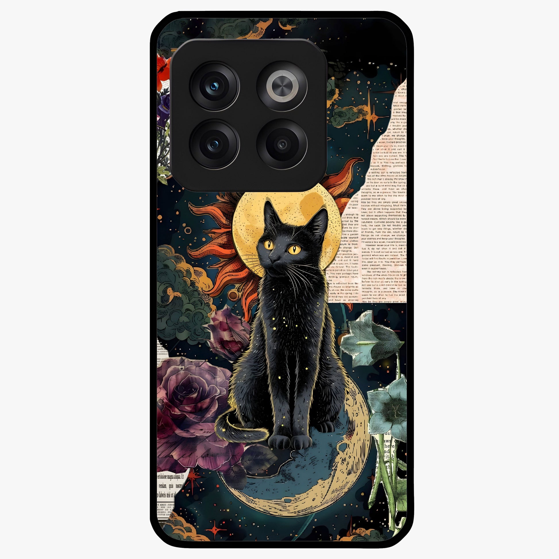 Celestial Black Cat Glass Case for 1+10T mystical front view featuring black cat artwork with cosmic background