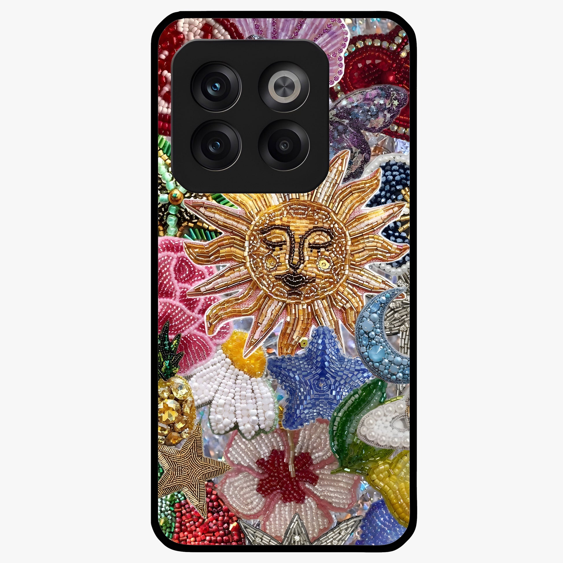 Celestial Floral and Playful Glass Case for 1+10T vibrant front view featuring floral artwork blended with cosmic elements