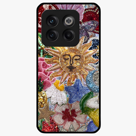 Celestial Floral and Playful Glass Case for 1+10T vibrant front view featuring floral artwork blended with cosmic elements