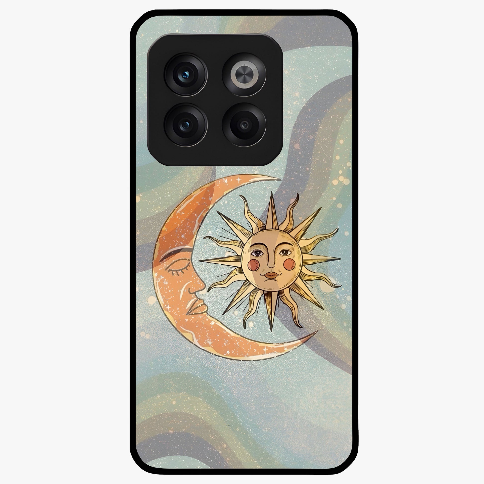 Celestial Harmony Vibes Glass Case for 1+10T serene front view featuring balanced cosmic artwork with calming tones
