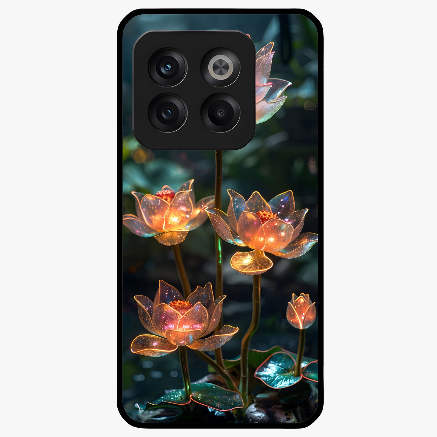 Celestial Lotus Light Glass Case for 1+10T peaceful front view featuring glowing lotus artwork with cosmic backdrop