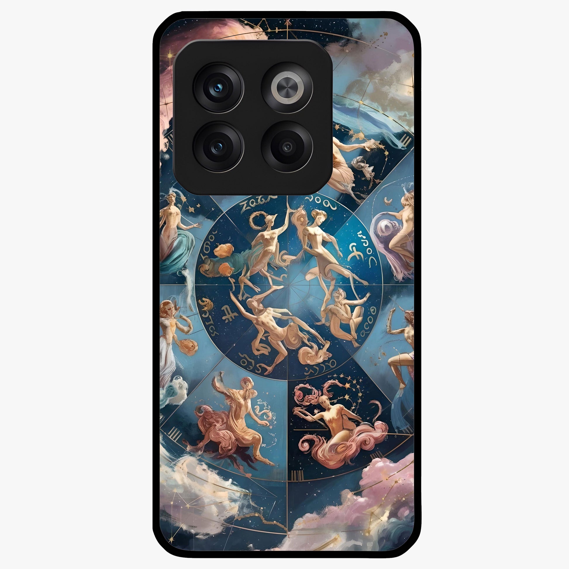 Celestial Signs Dance Glass Case for 1+10T artistic front view featuring zodiac inspired celestial symbol artwork