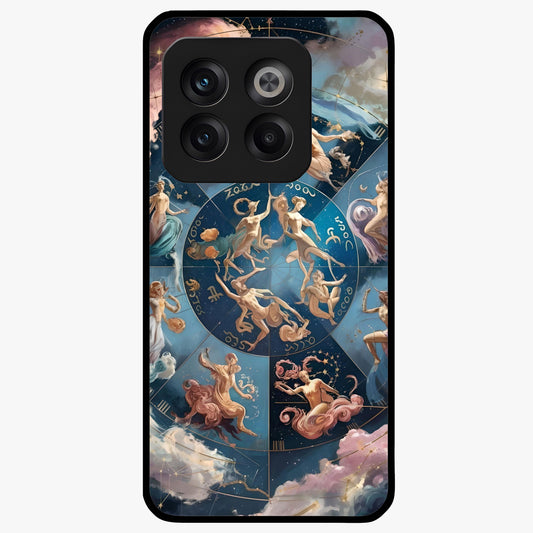 Celestial Signs Dance Glass Case for 1+10T artistic front view featuring zodiac inspired celestial symbol artwork