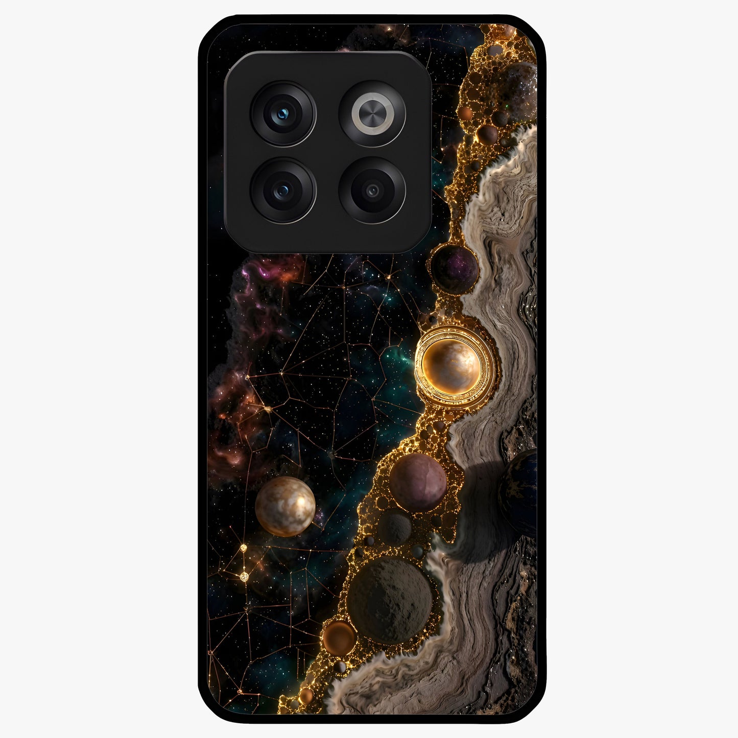 Cosmic Gold Path Glass Case for 1+10T luxurious front view featuring golden pathway artwork against cosmic backdrop
