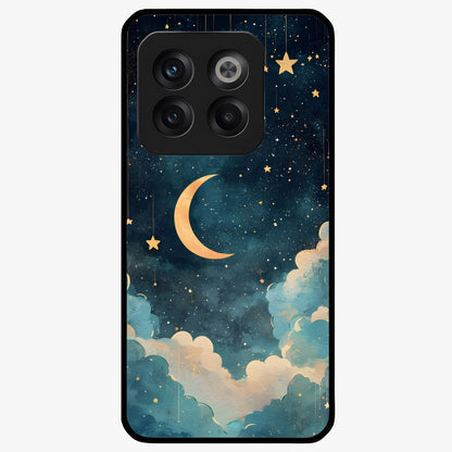 Crescent Galaxy Moon Glass Case for 1+10T mystical front view featuring crescent moon artwork with cosmic background