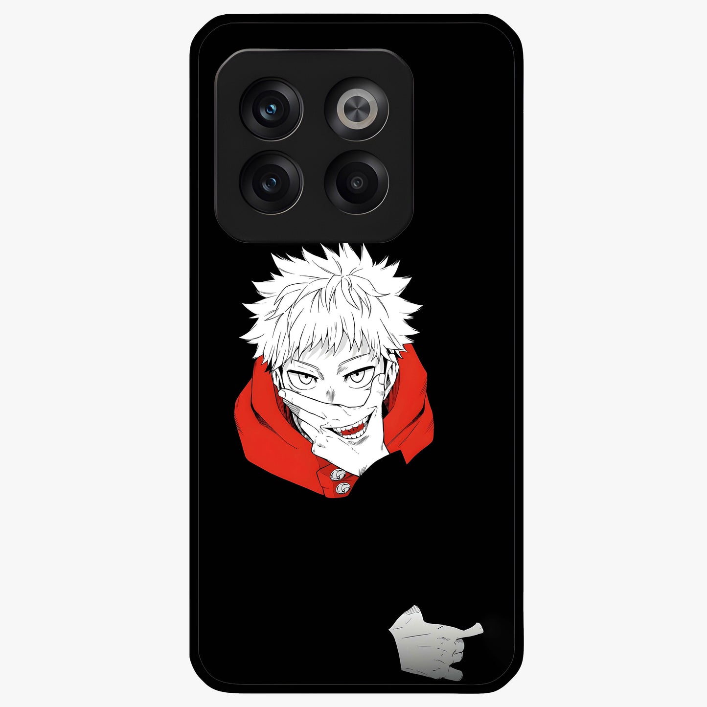 Crimson Chaos Smile Glass Case for 1+10T bold front view featuring edgy smile artwork in deep crimson tones