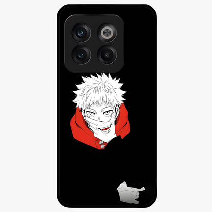Crimson Chaos Smile Glass Case for 1+10T bold front view featuring edgy smile artwork in deep crimson tones