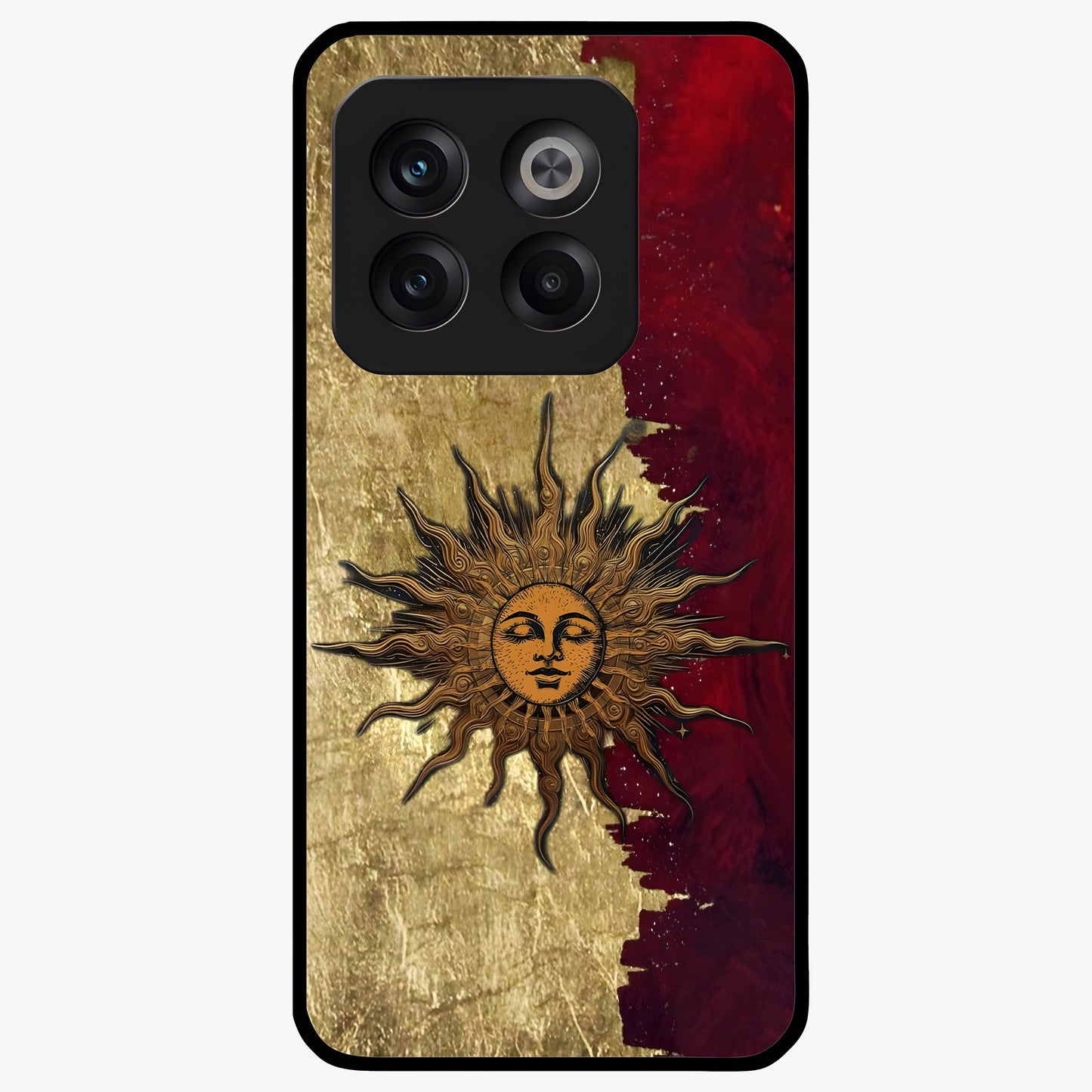 Crimson Sun Majesty Glass Case for 1+10T radiant front view featuring glowing sun artwork in deep red hues