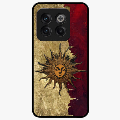 Crimson Sun Majesty Glass Case for 1+10T radiant front view featuring glowing sun artwork in deep red hues
