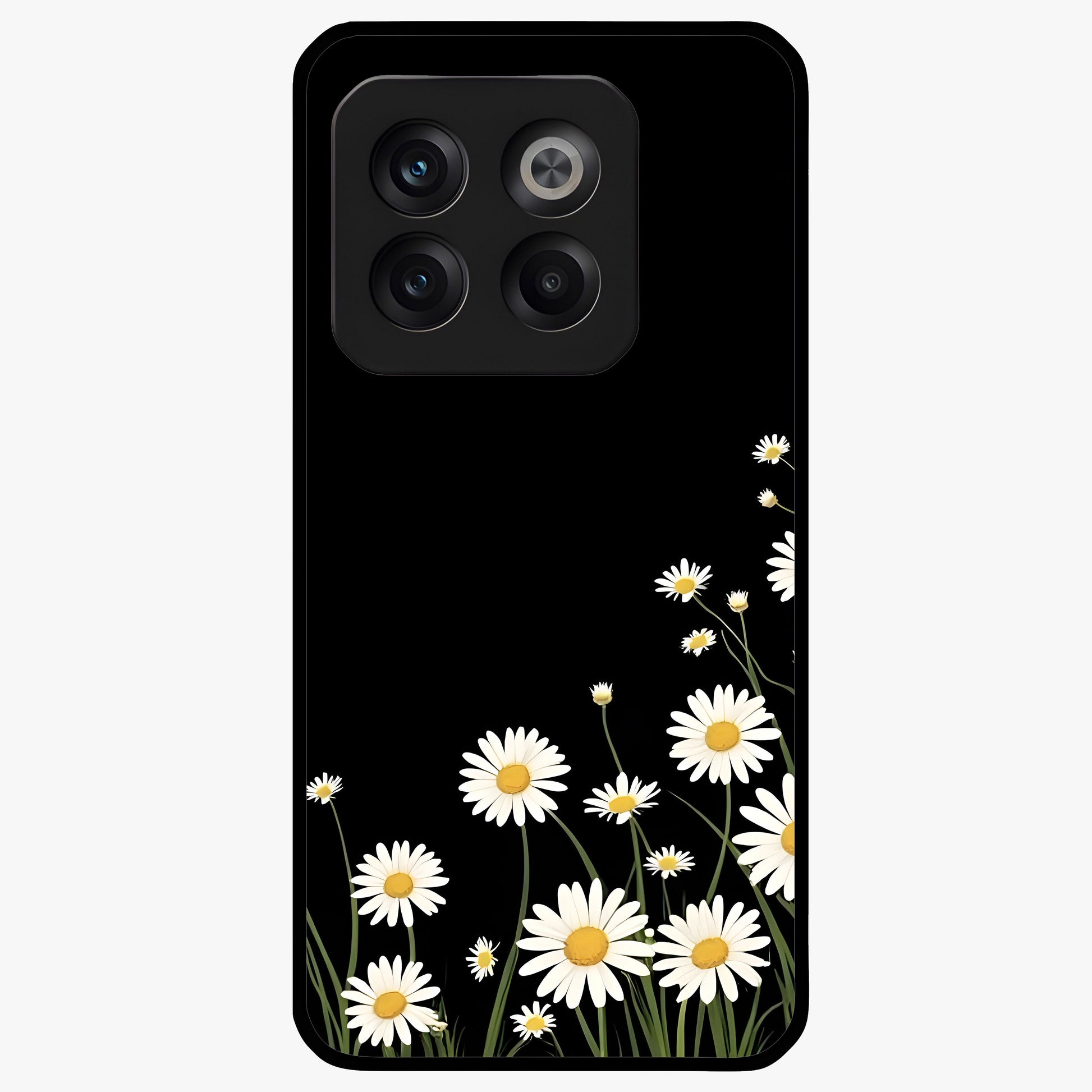 Daisy Cascade on Black Glass Case for 1+10T elegant front view featuring white daisy artwork on deep black background