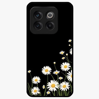 Daisy Cascade on Black Glass Case for 1+10T elegant front view featuring white daisy artwork on deep black background