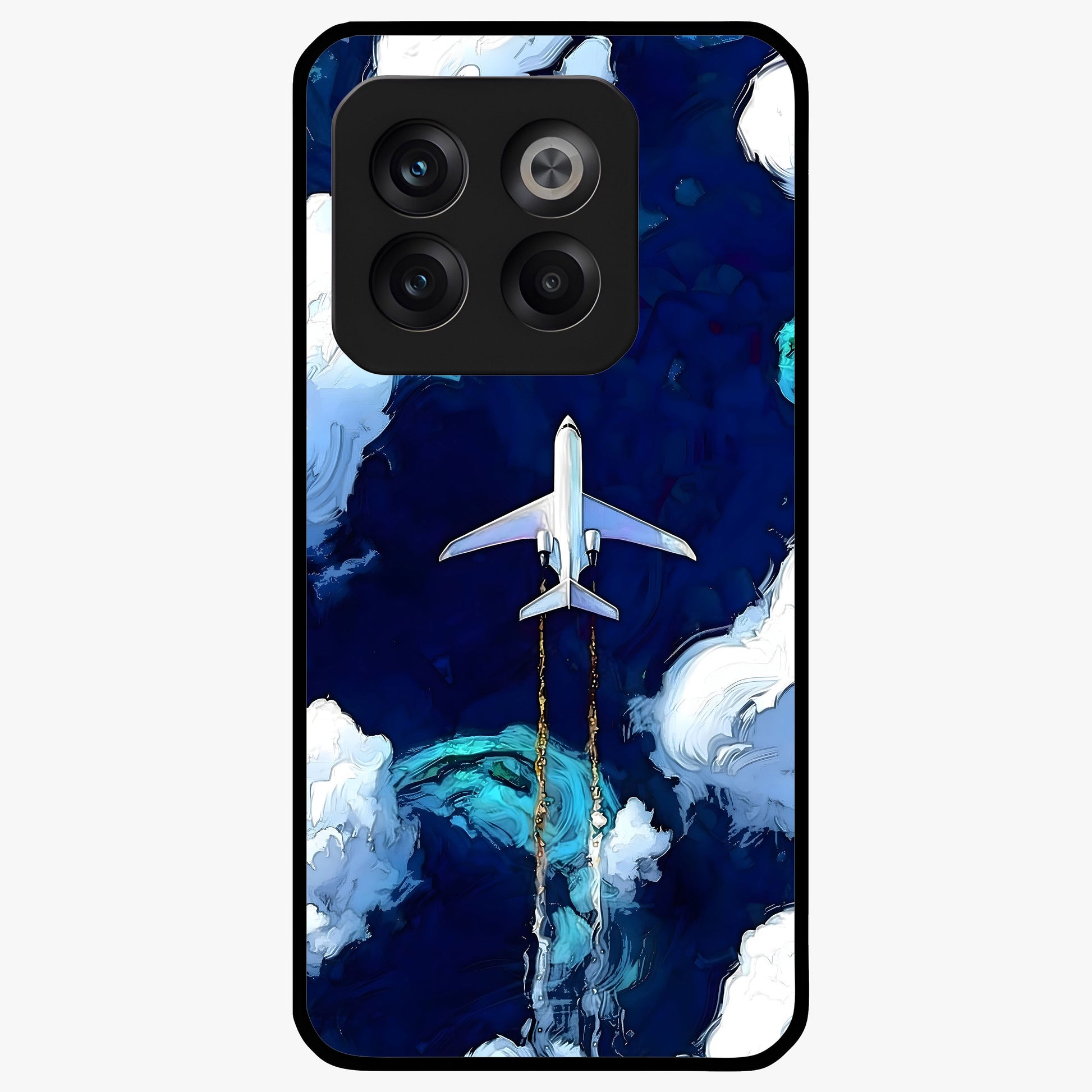 Dark Airplane Glass Case for 1+10T bold front view featuring airplane silhouette artwork on dark background