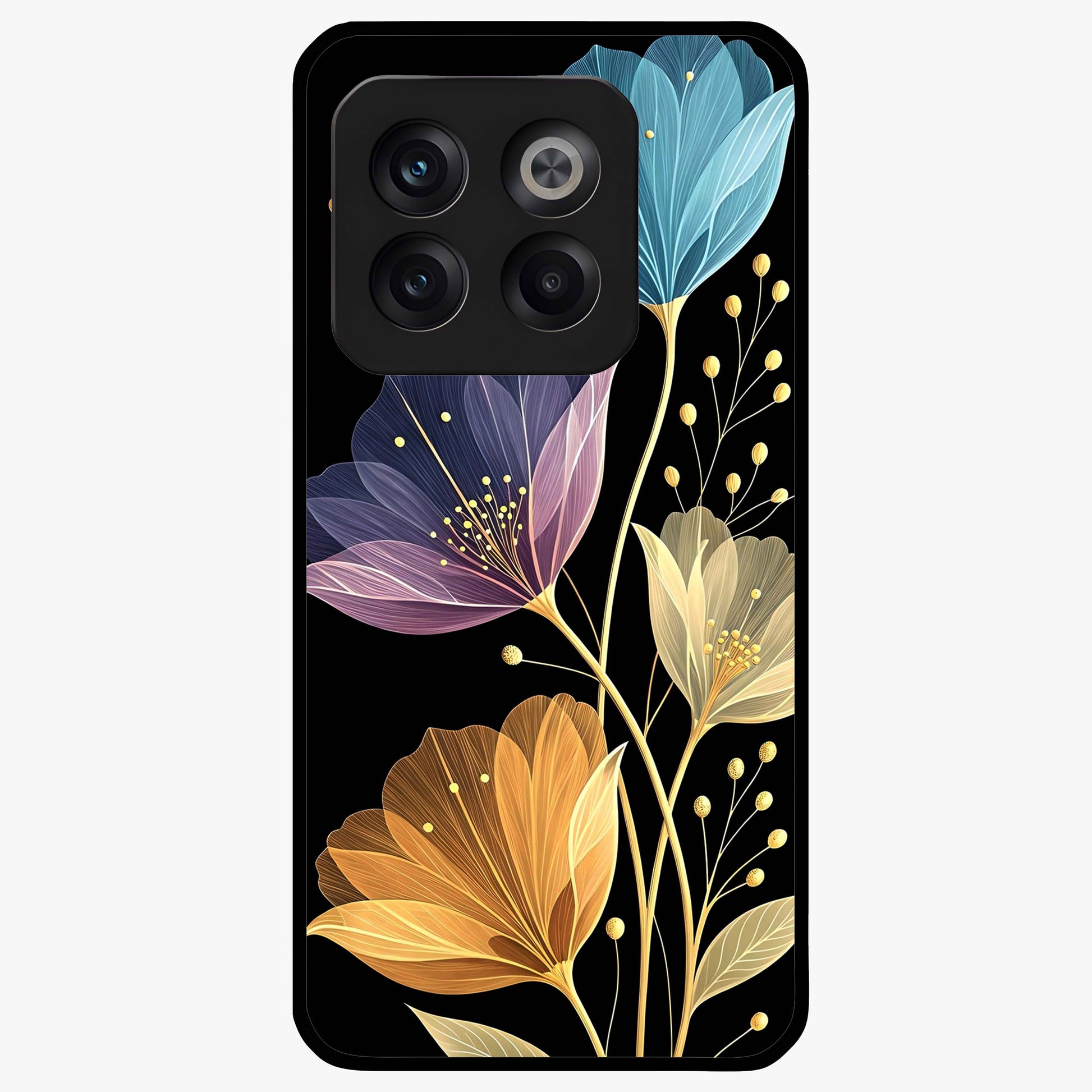 Delicate Multicolor Flowers Glass Case for 1+10T vibrant front view featuring soft multicolor floral artwork