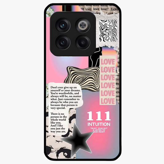 Divine Love Vibes Glass Case for 1+10T soft front view featuring romantic artistic typography design