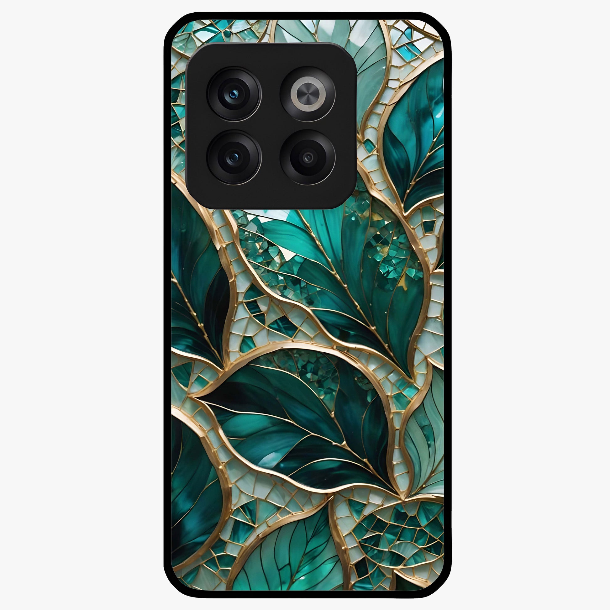 Emerald Leaf Glass Case for 1+10T minimalist front view featuring elegant green leaf artwork