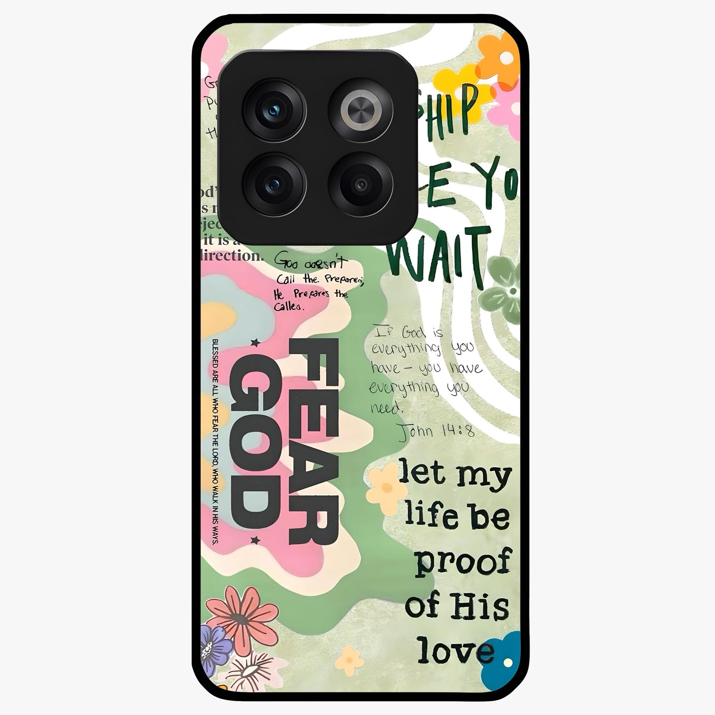 Faith Over Fear Glass Case for 1+10T inspirational front view featuring bold motivational typography artwork
