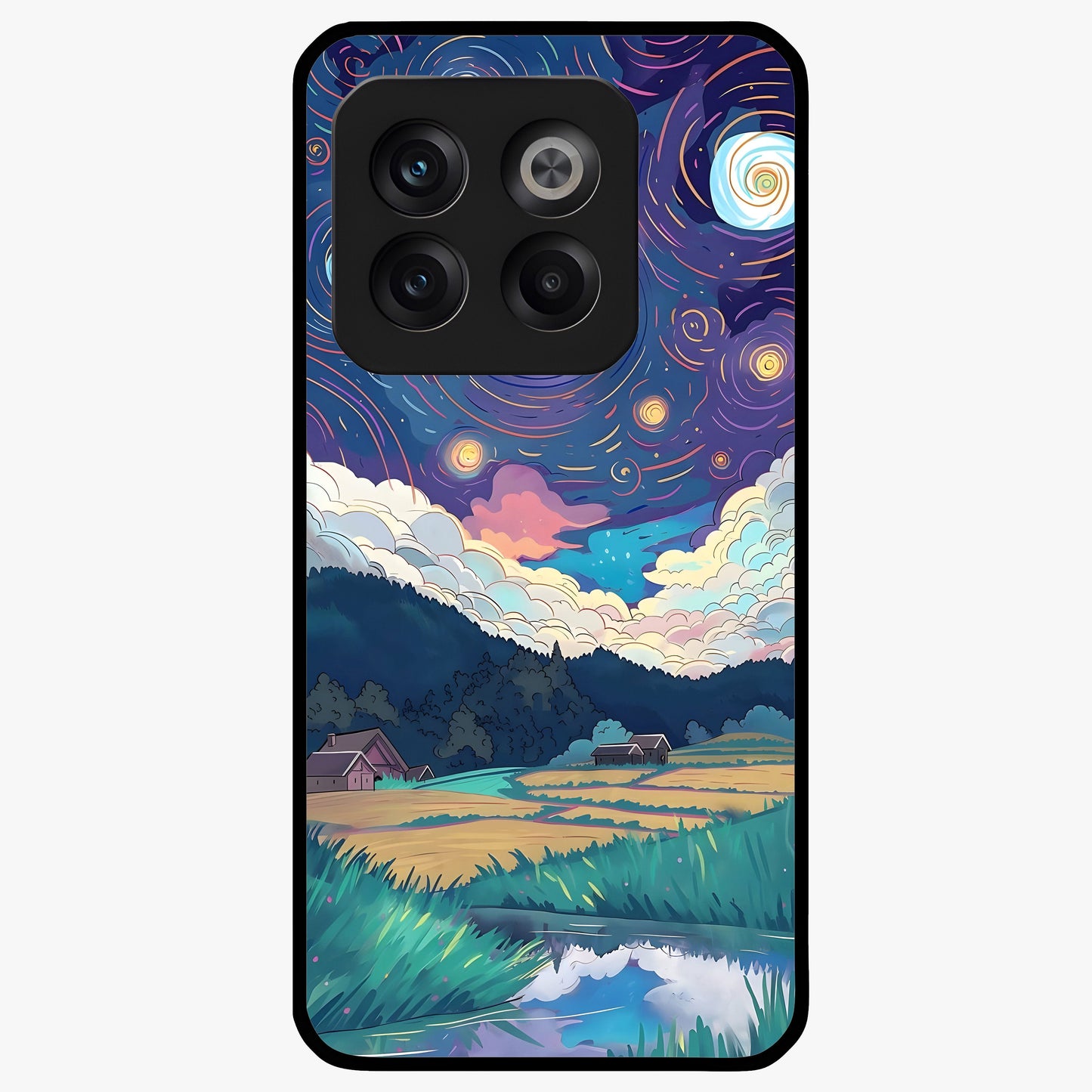 Fields Beneath the Cosmos Glass Case for 1+10T dreamy front view featuring meadow landscape under cosmic sky
