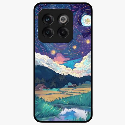 Fields Beneath the Cosmos Glass Case for 1+10T dreamy front view featuring meadow landscape under cosmic sky