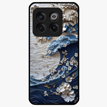 Floral Wave Origami Glass Case for 1+10T artistic front view featuring folded origami inspired floral wave artwork