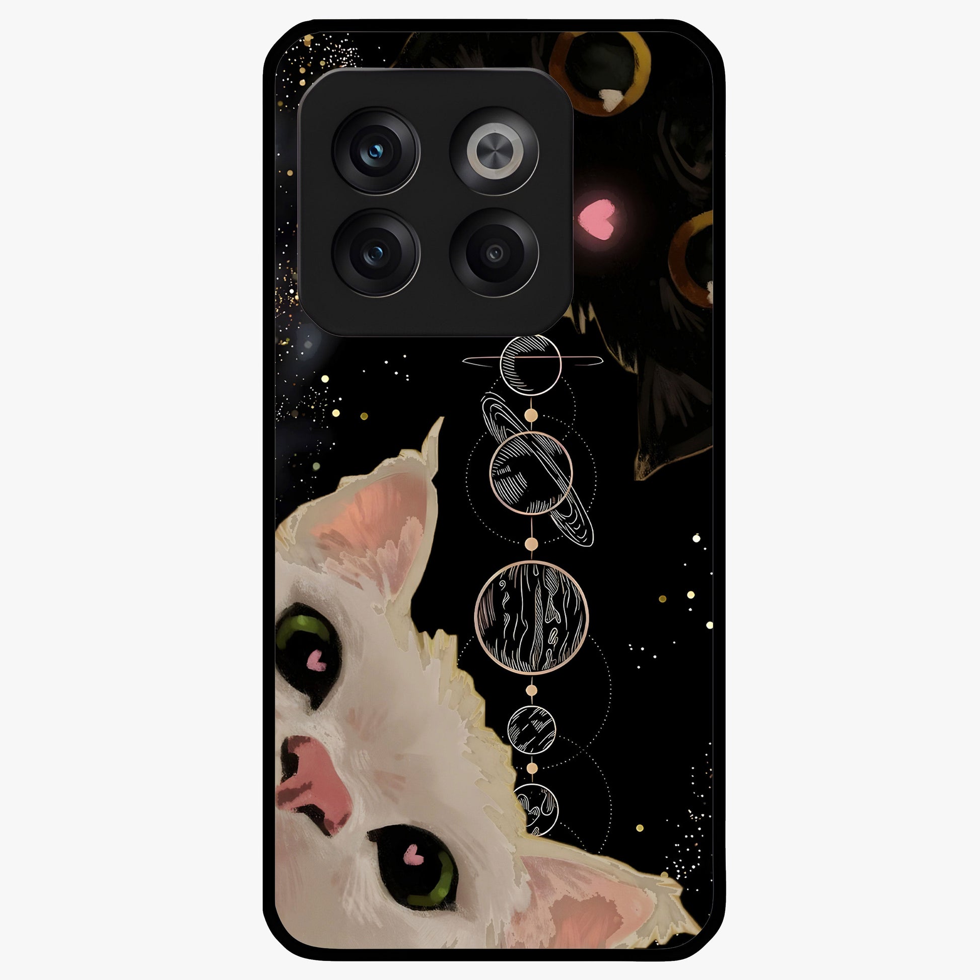 Galactic Cat Glass Case for 1+10T mystical front view featuring cat artwork against cosmic galaxy background