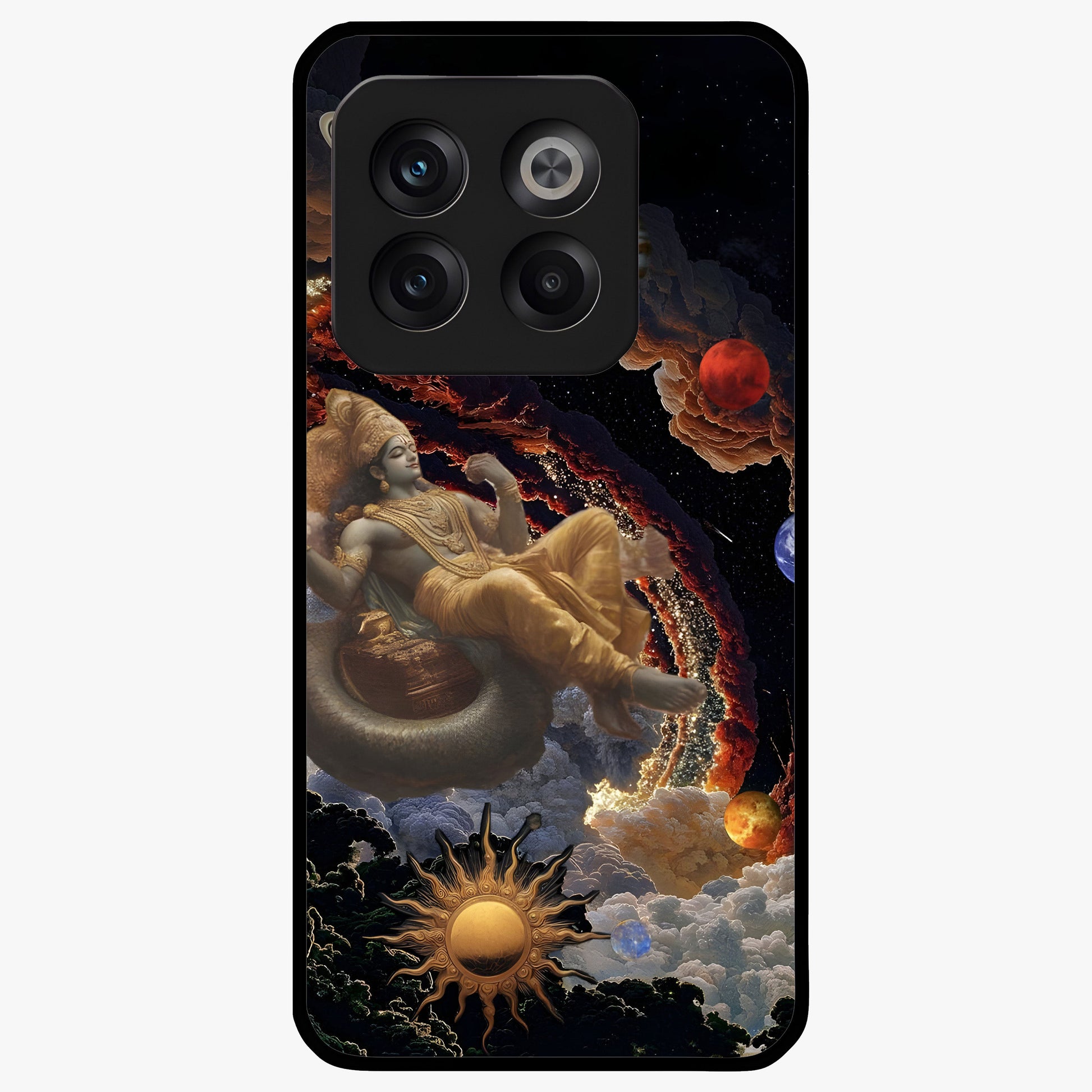 Galactic Divine God Glass Case for 1+10T powerful front view featuring divine artwork blended with cosmic background