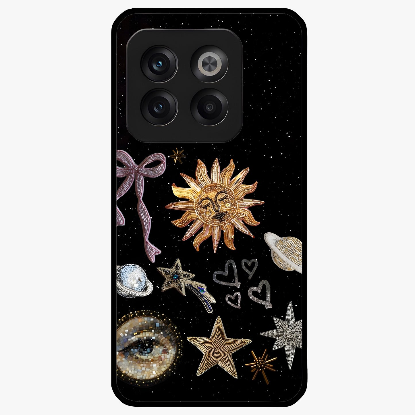 Galactic Sun Charm Glass Case for 1+10T radiant front view featuring celestial sun artwork with cosmic accents