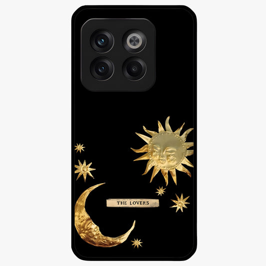 Golden Crescent Mood Glass Case for 1+10T artistic front view featuring crescent moon artwork in warm golden tones