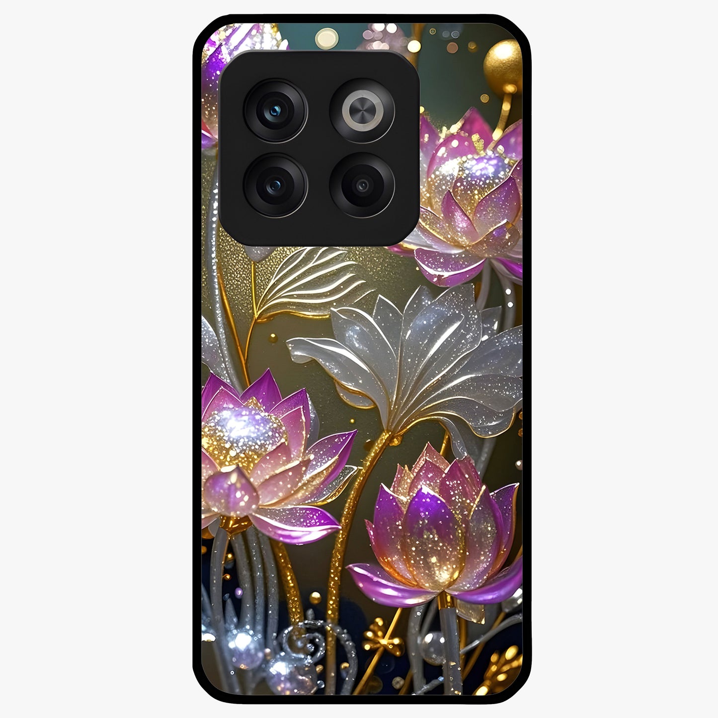 Golden Mind Moment Glass Case for 1+10T artistic front view featuring abstract golden inspired artwork