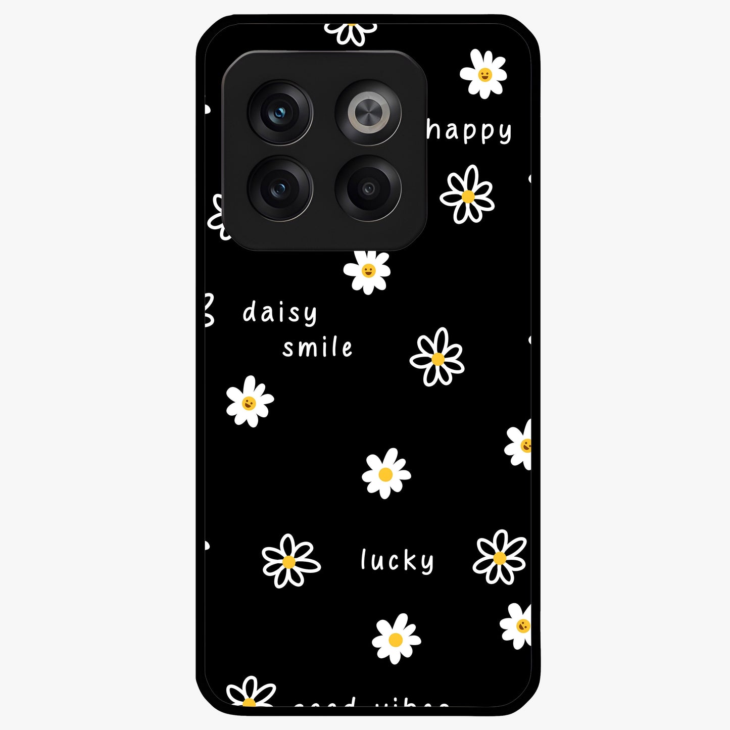 Good Vibes Daisy Black Pattern Glass Case for 1+10T stylish front view featuring white daisy artwork on black background