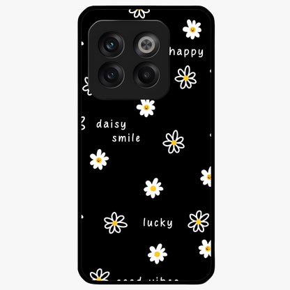 Good Vibes Daisy Black Pattern Glass Case for 1+10T stylish front view featuring white daisy artwork on black background