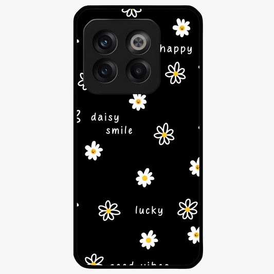 Good Vibes Daisy Black Pattern Glass Case for 1+10T stylish front view featuring white daisy artwork on black background