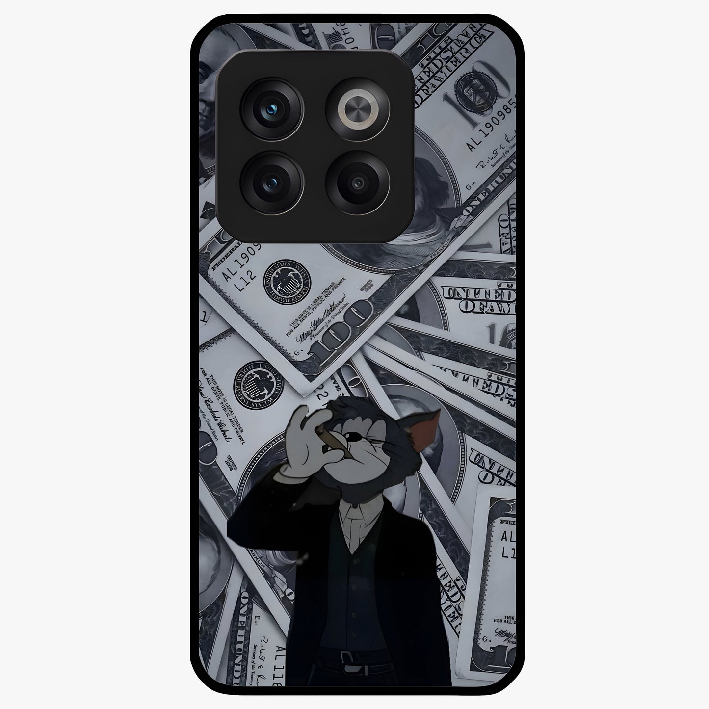 Greedy Fortune Cat Glass Case for 1+10T charming front view featuring lucky cat inspired artwork