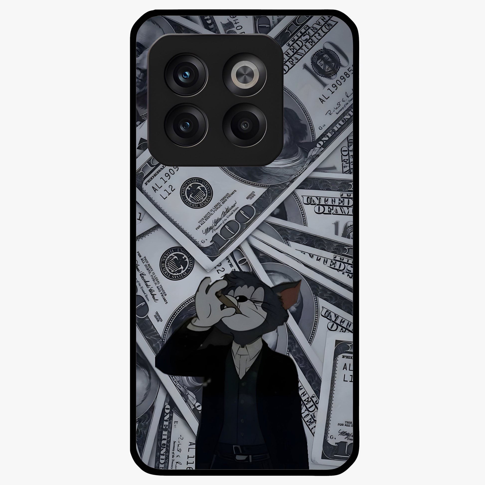Greedy Fortune Cat Glass Case for 1+10T charming front view featuring lucky cat inspired artwork