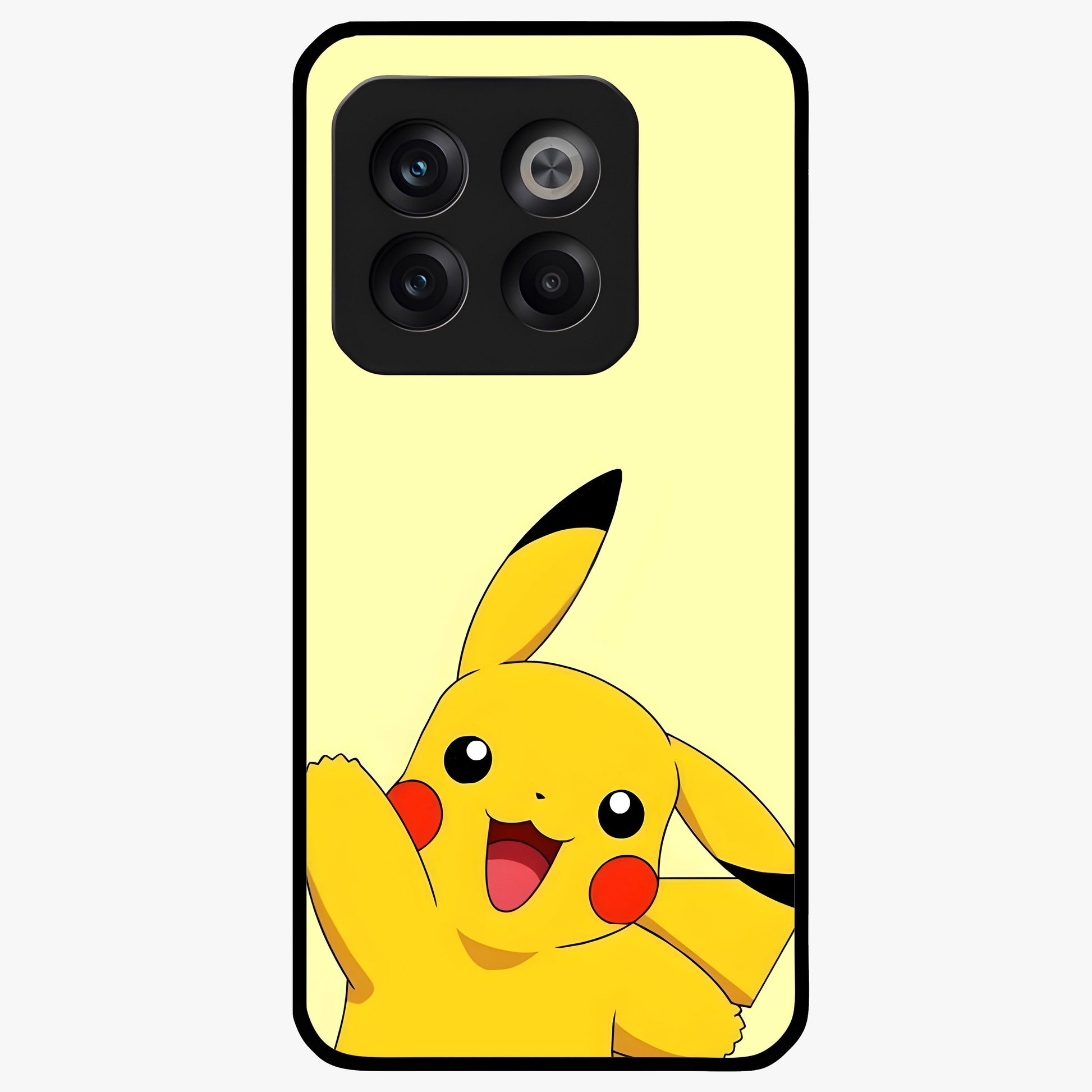 Happy Electric Pikachu Glass Case for 1+10T energetic front view featuring electric themed cartoon artwork