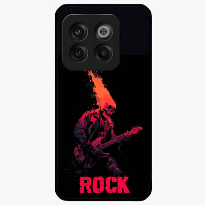 Hellfire Rock Anthem Glass Case for 1+10T showing full back design in clean flat view with fiery rock-inspired artwork and glossy glass finish.