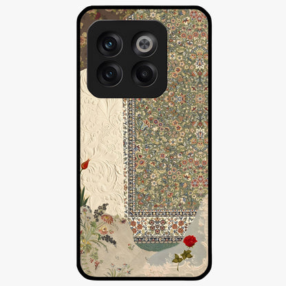 Heritage Textile Layers Glass Case for 1+10T showing full back design in clean flat view with layered textile-inspired artwork and glossy glass finish.