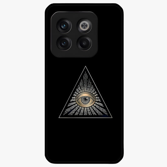 Illuminati Evil Glass Case for 1+10T showing full back design in clean flat view with bold symbolic artwork and glossy glass finish.