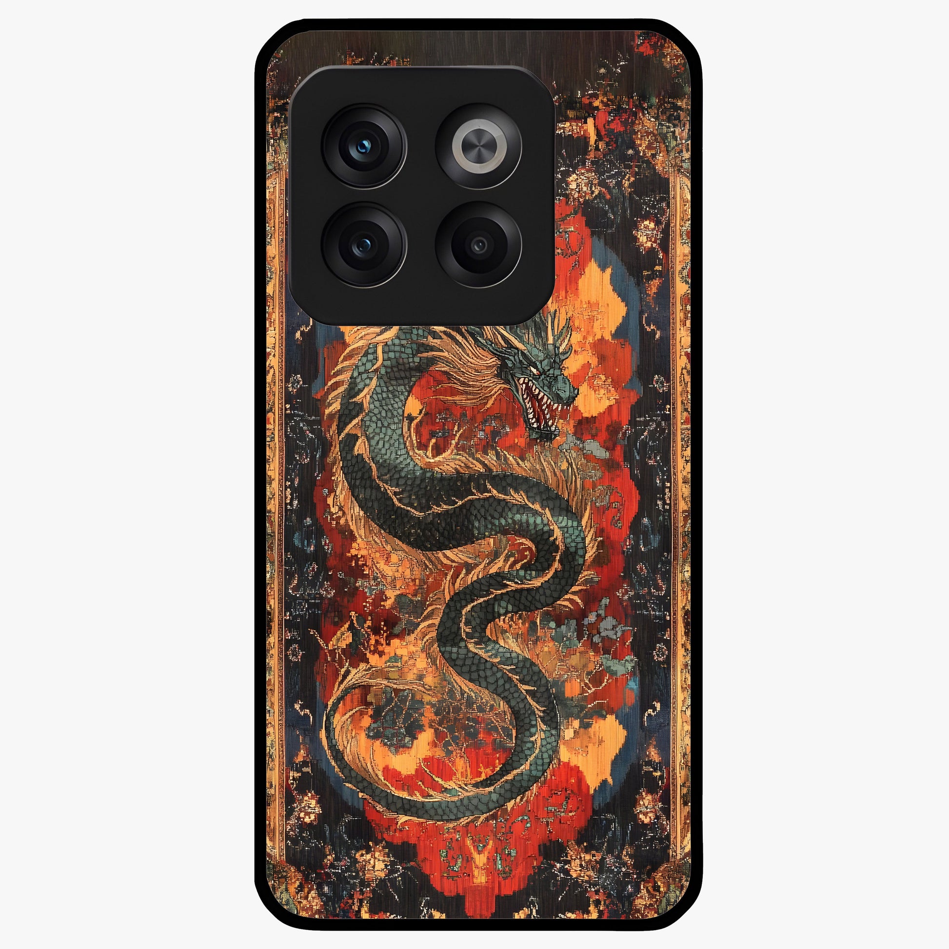 Inferno Dragon Soul Glass Case for 1+10T showing full back design in clean flat view with blazing dragon artwork and glossy glass finish.