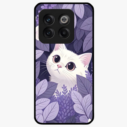 Lilac Hide Peek Cat Glass Case for 1+10T adorable front view featuring playful cat artwork in lilac tones