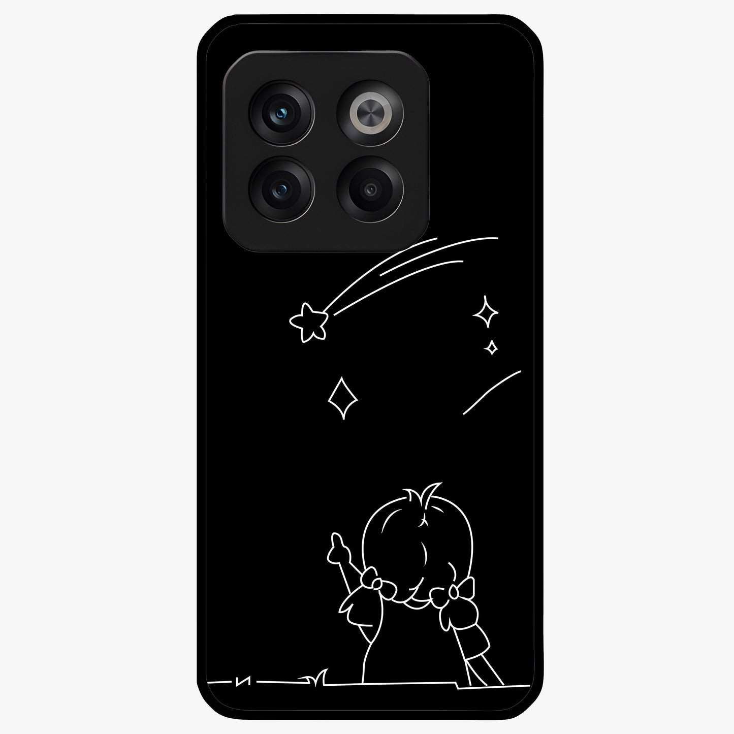 Line Art Girl With Shooting Stars Glass Case for 1+10T elegant front view featuring minimal line art character with shooting stars