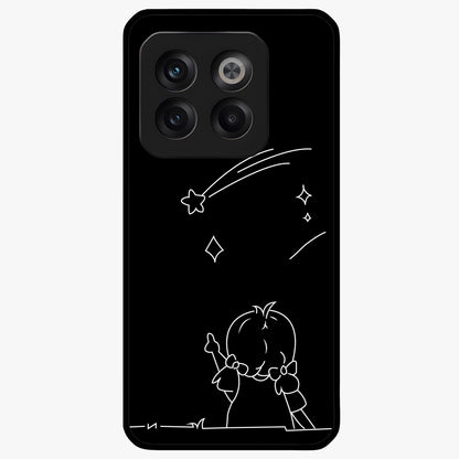 Line Art Girl With Shooting Stars Glass Case for 1+10T elegant front view featuring minimal line art character with shooting stars