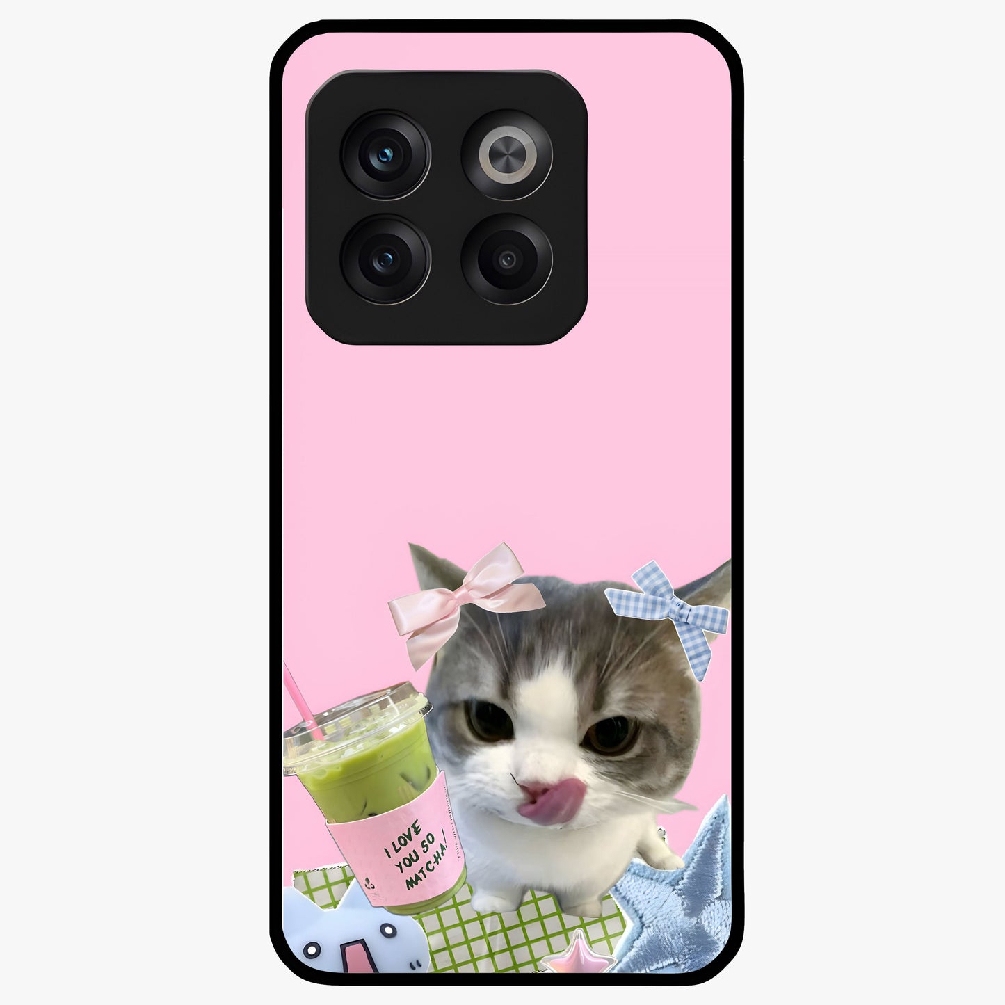Love Matcha Cat Glass Case for 1+10T adorable front view featuring cute cat artwork with matcha theme
