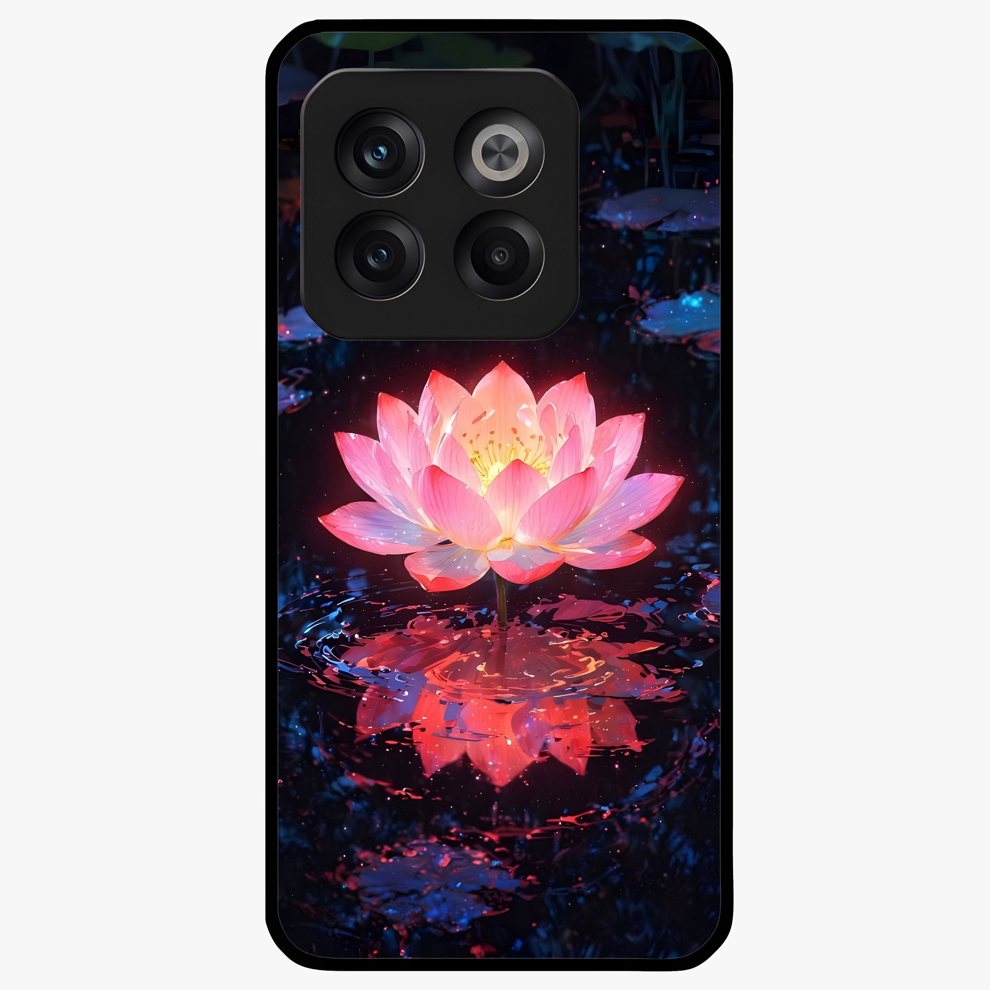 Luminous Lotus Glow Glass Case for 1+10T radiant front view featuring glowing lotus artwork