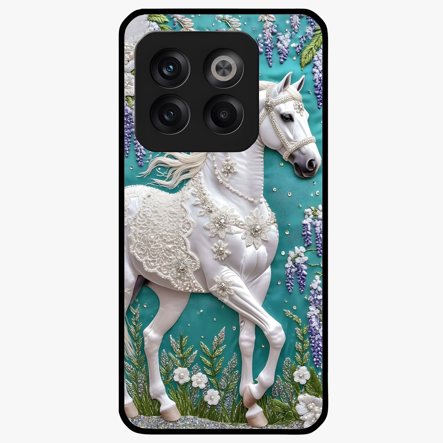Majestic Floral Stallion Glass Case for 1+10T powerful front view featuring horse artwork blended with floral detailing