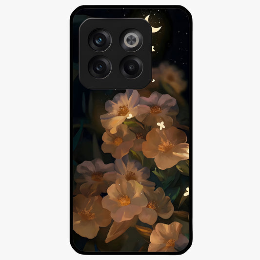 Midnight Bloom Trail Glass Case for 1+10T artistic front view featuring flowing floral trail artwork in dark tones